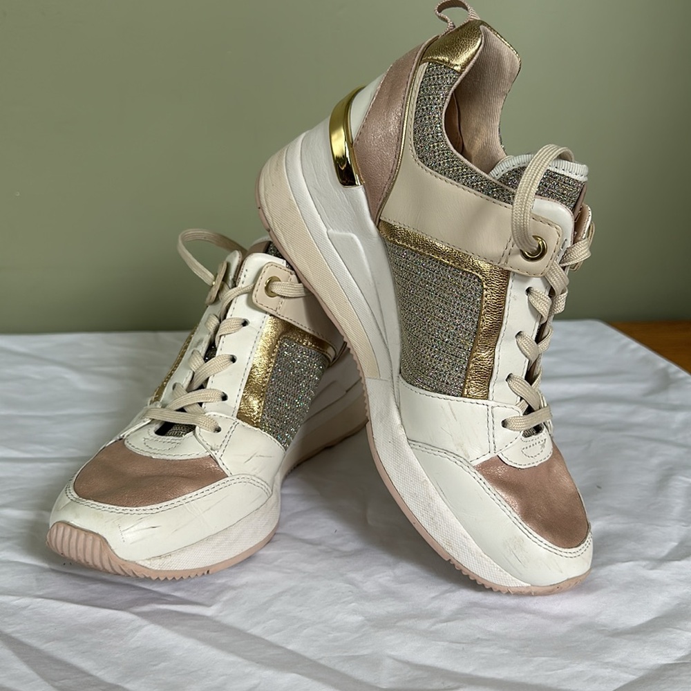 Michael Kors pink/white/gold wedge sneakers